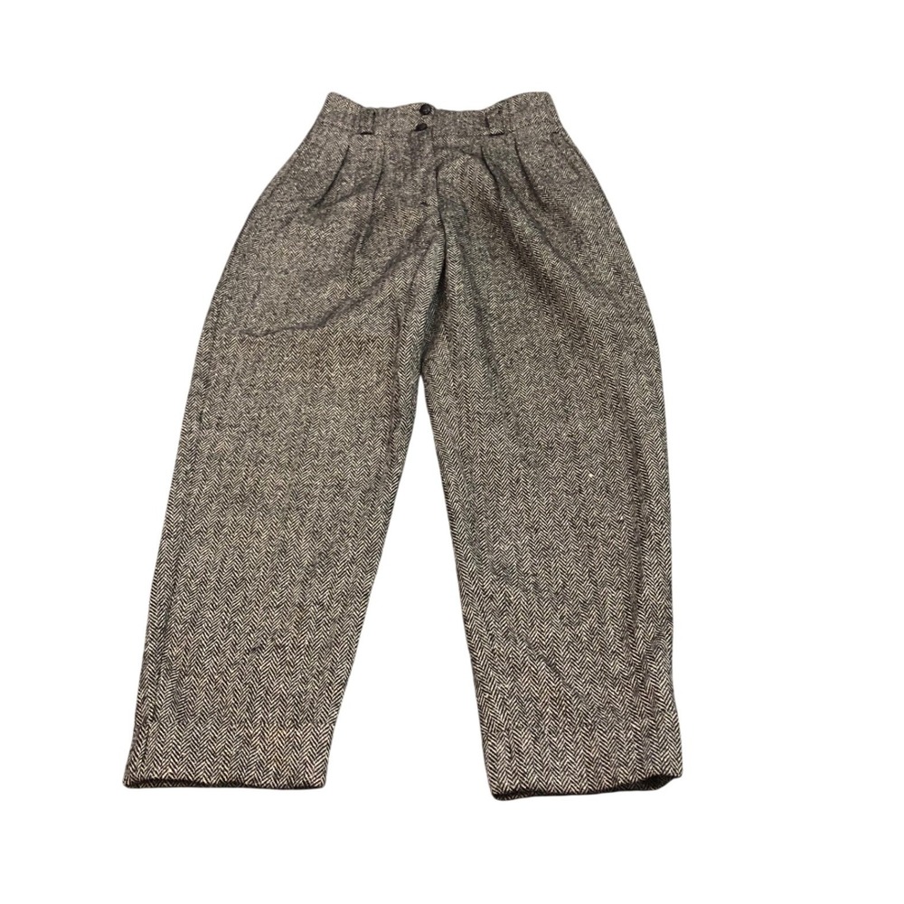 Mondi Trousers Womens 34 Black Gray Herringbone Wool Silk Blend Pleated Vintage